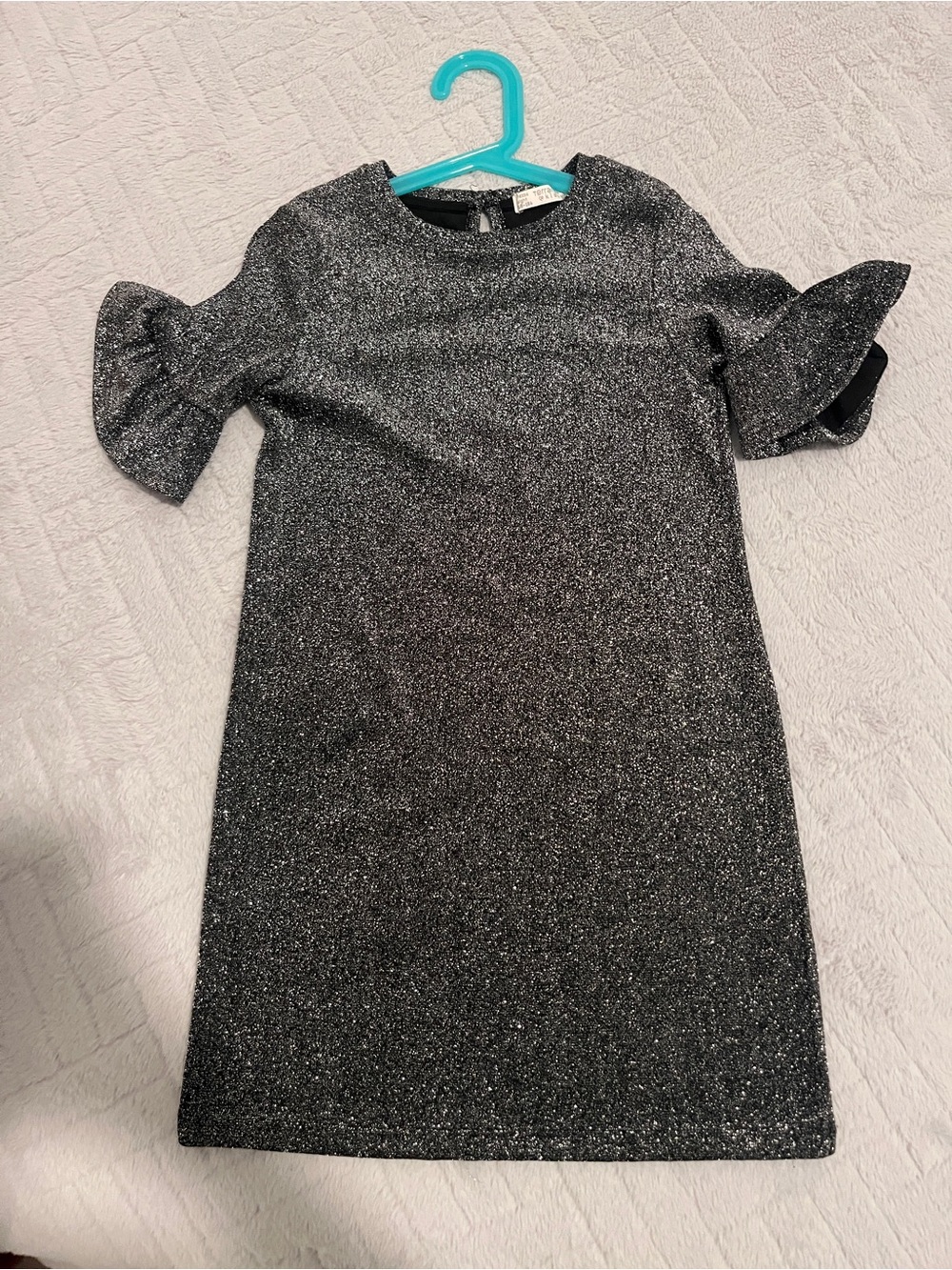 Girls Glitter Shift Dress with Ruffle Sleeves in Silver